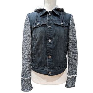 Free People Women's Black & Grey Distressed Denim Jacket Knit Sleeves Size S